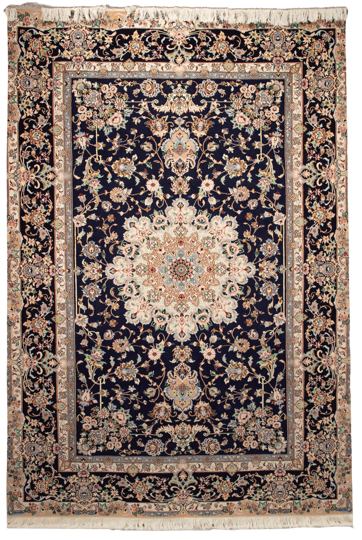 Handmade Persian Carpet – Navy Field with Star Medallion, Pastel Florals CPTHM10083