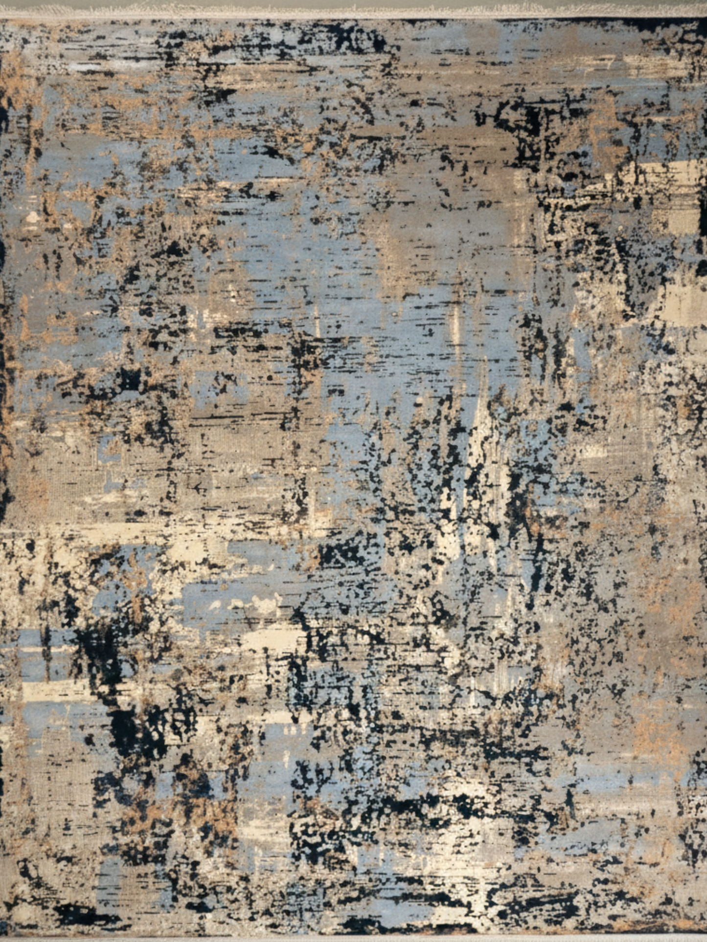 Abstract patterned rug with beige, black, and blue colors
