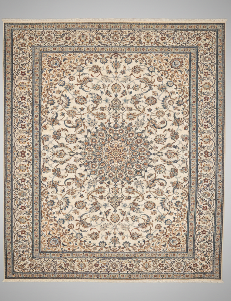 Decorative rug with intricate patterns on a plain background