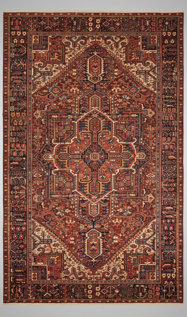 Decorative rug with intricate patterns on a plain background
