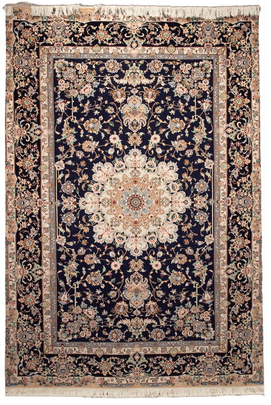 Handmade Persian Carpet – Navy Field with Star Medallion, Pastel Florals CPTHM10083