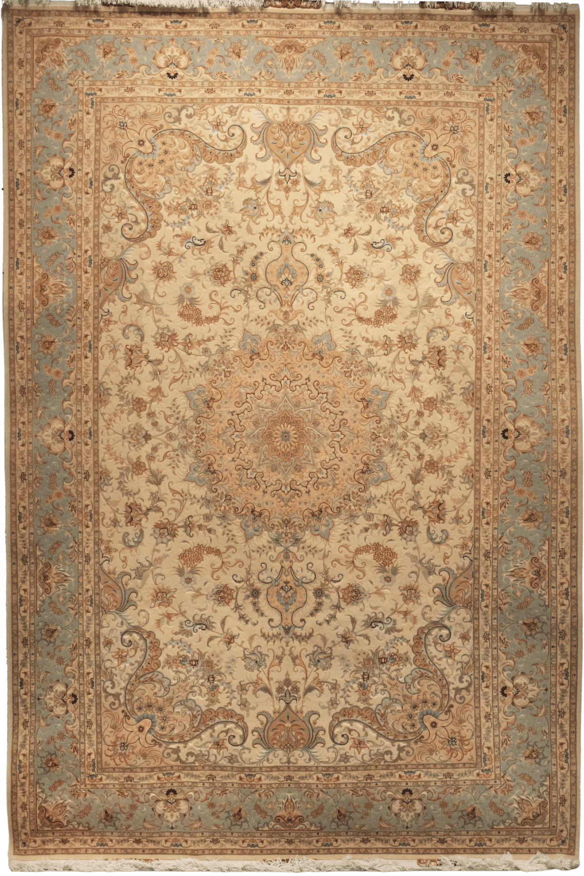 Handmade Persian Carpet – Ivory Field with Sage Border, Tabriz-Style Medallion CPTHM10085