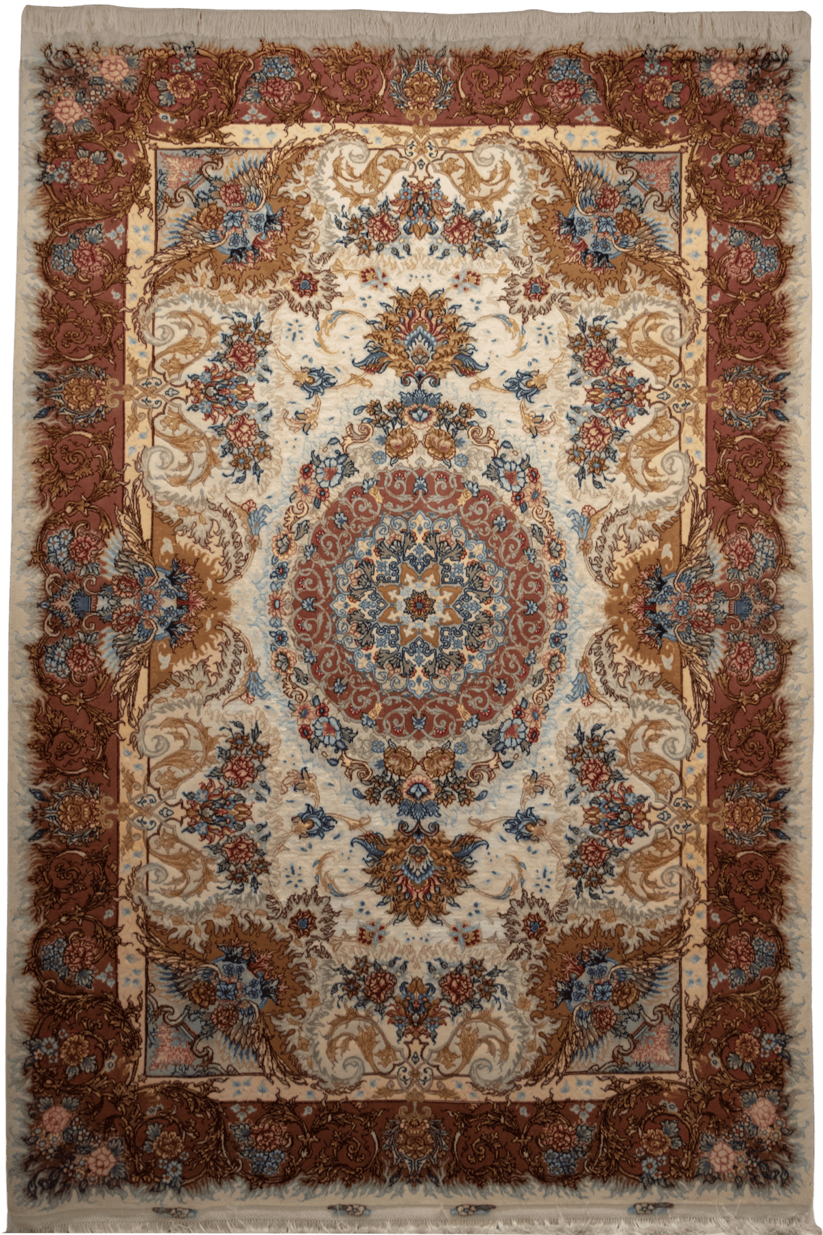 Handmade Persian Carpet – Ivory Field with Round Rosette Medallion, Rosewood Border CPTHM10087
