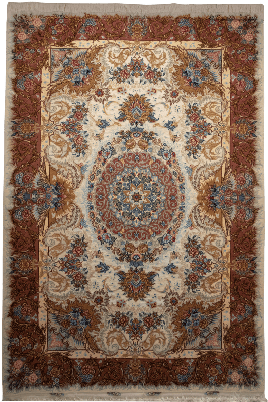 Handmade Persian Carpet – Ivory Field with Round Rosette Medallion, Rosewood Border CPTHM10087
