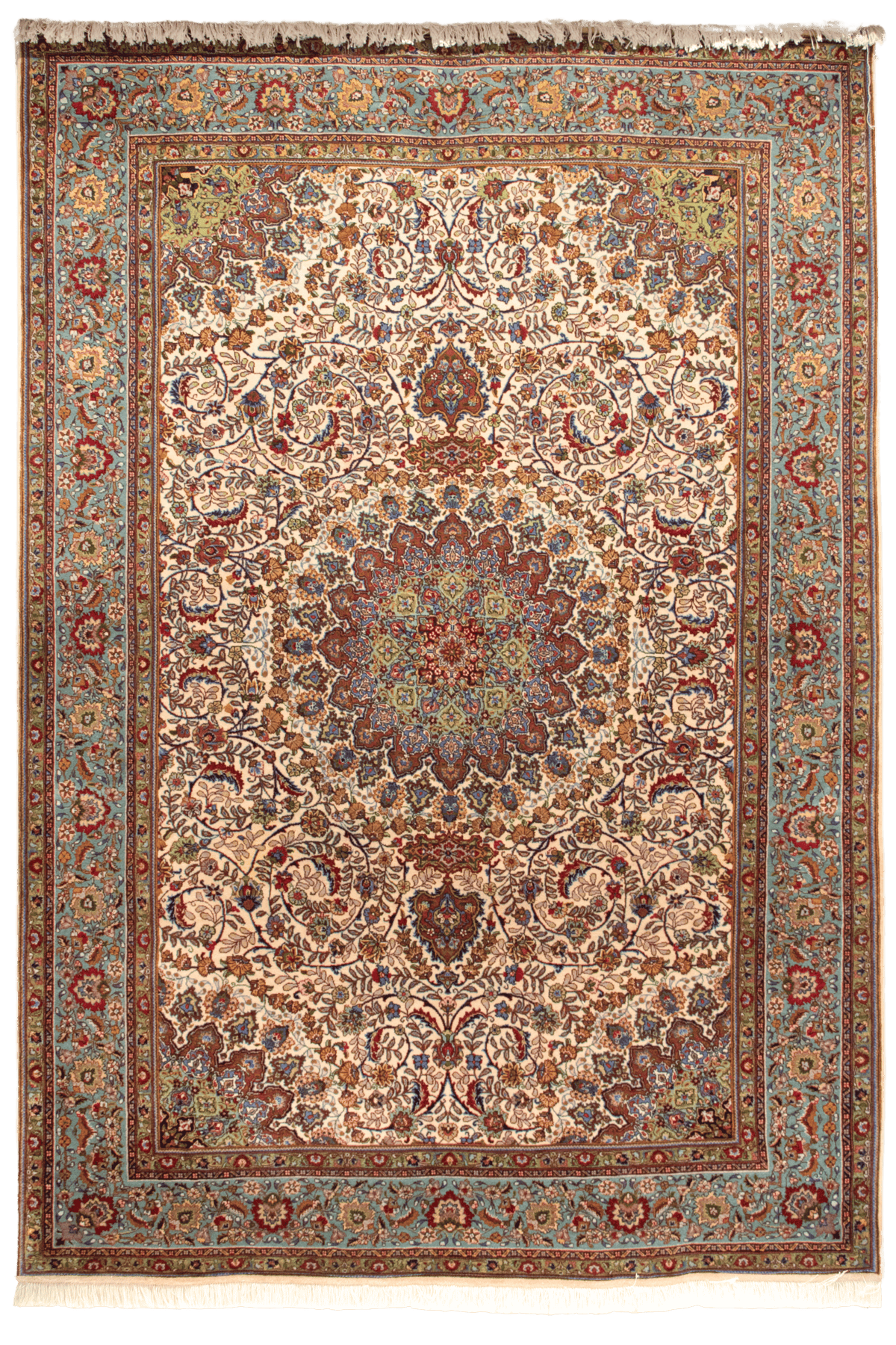 Handmade Persian Carpet – Ivory Field with Rust Medallion, Turquoise Border CPTHM10086