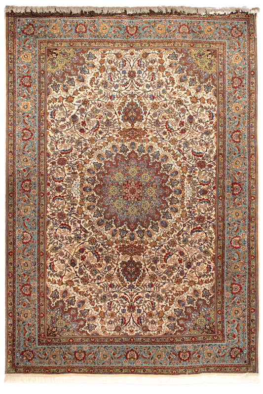 Handmade Persian Carpet – Ivory Field with Rust Medallion, Turquoise Border CPTHM10086