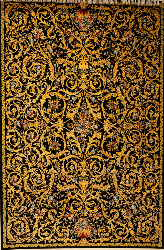 Decorative rug with intricate gold pattern on a black background
