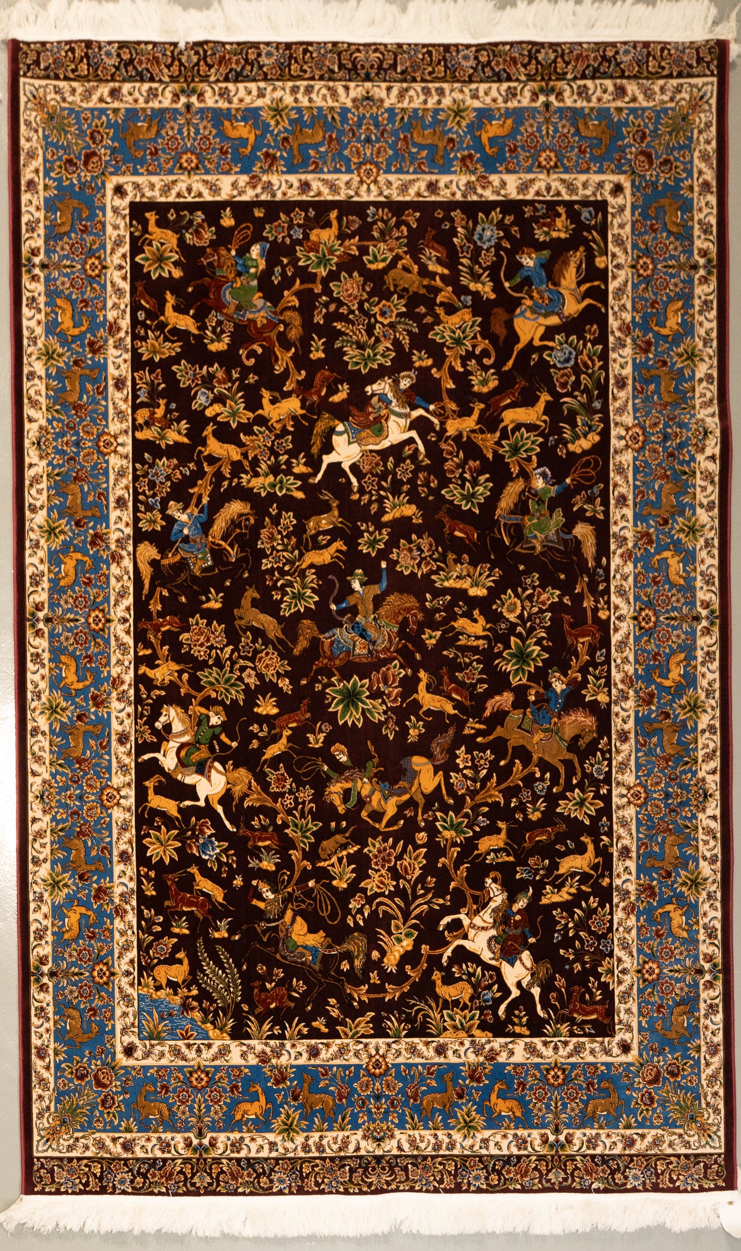 Royal Crimson Hunting Scene Wool & Cotton Carpet MM