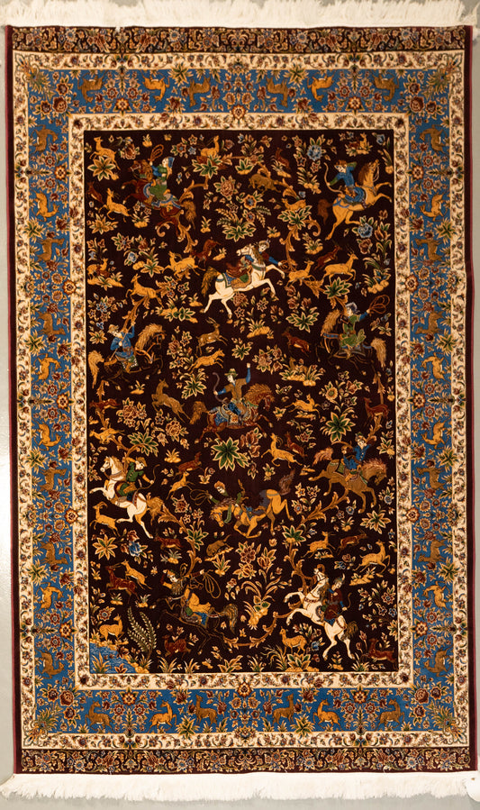 Royal Crimson Hunting Scene Wool & Cotton Carpet MM