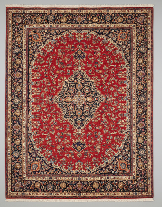 Decorative rug with intricate patterns on a plain background