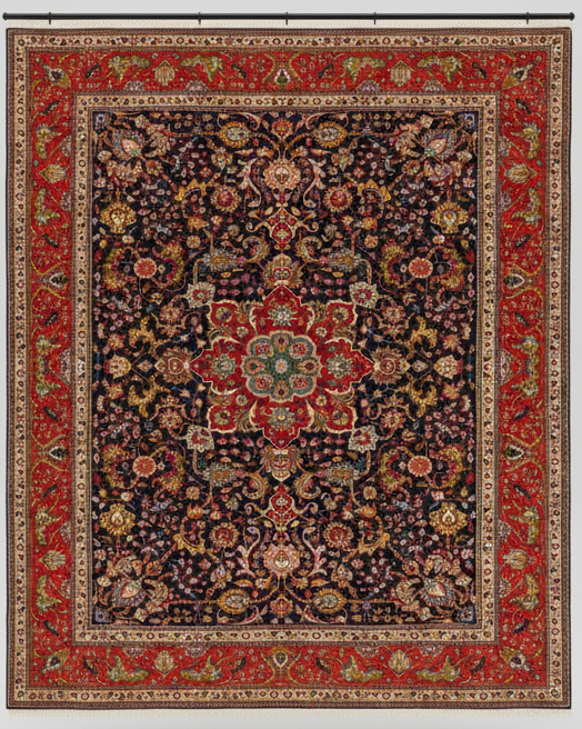 Decorative rug with intricate patterns and a central medallion on a plain background