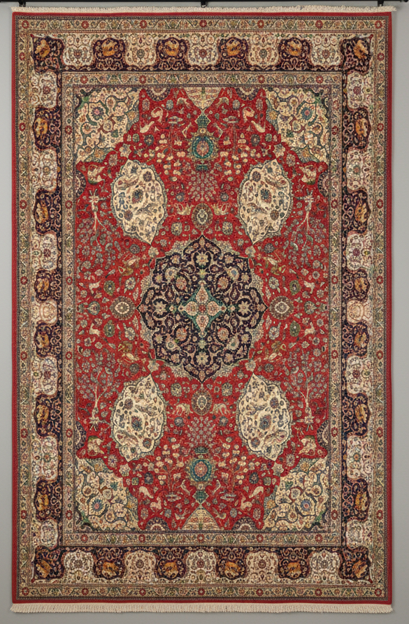 Decorative rug with intricate patterns on a plain background