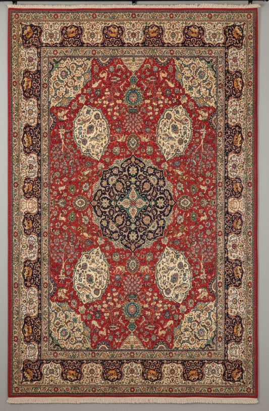 Decorative rug with intricate patterns on a plain background