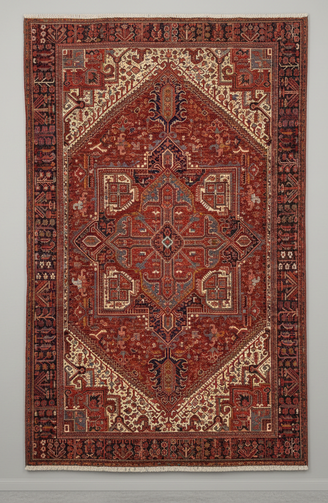 Decorative rug with intricate patterns on a plain background