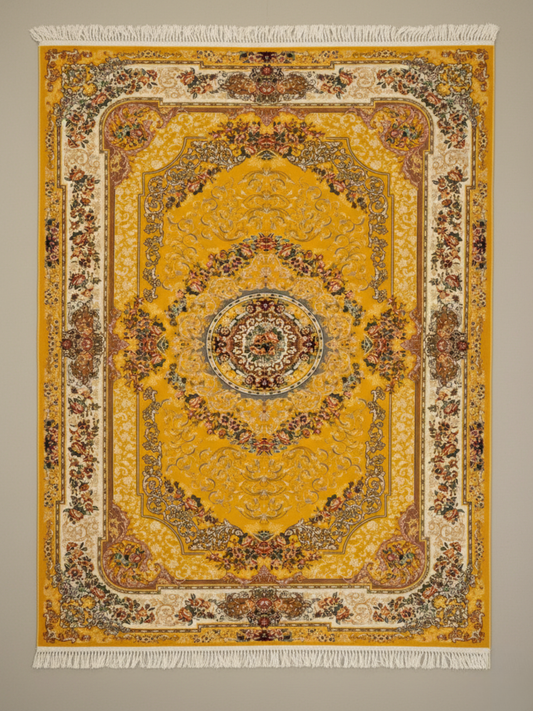 Decorative yellow rug with intricate patterns on a plain background