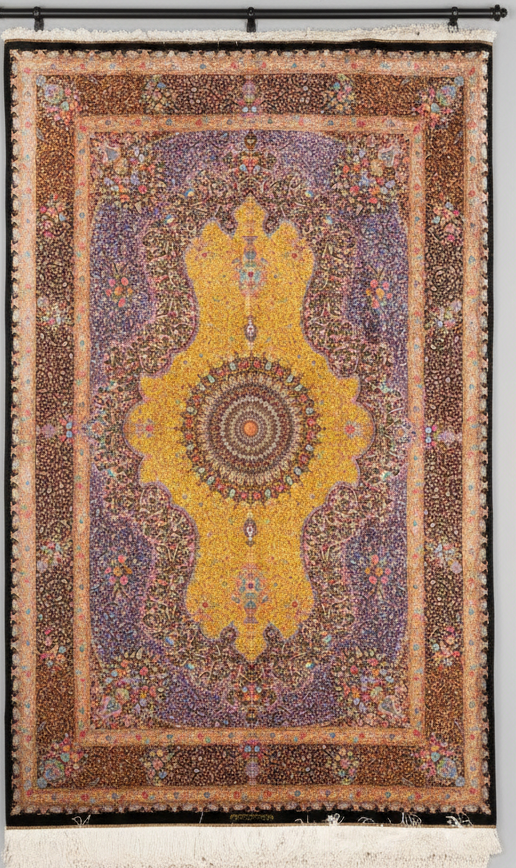 Decorative rug with a central yellow medallion and intricate patterns on a brown background