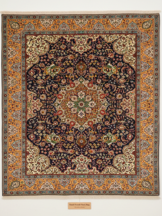 Decorative rug with intricate patterns and colors on a plain background