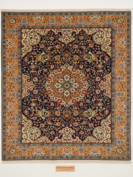 Decorative rug with intricate patterns and colors on a plain background