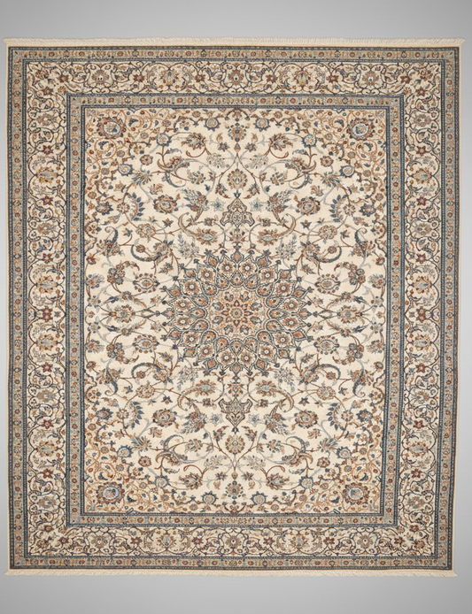 Decorative rug with intricate patterns on a plain background