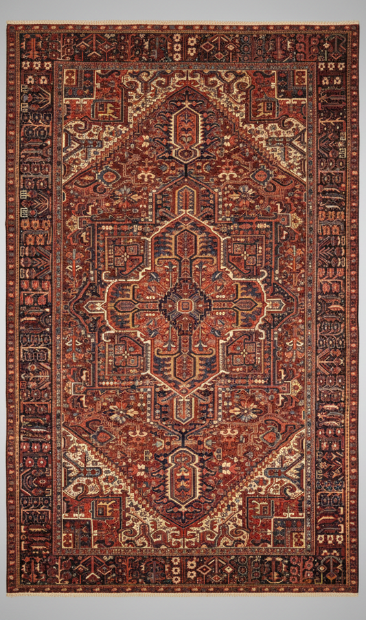 Decorative rug with intricate patterns on a plain background