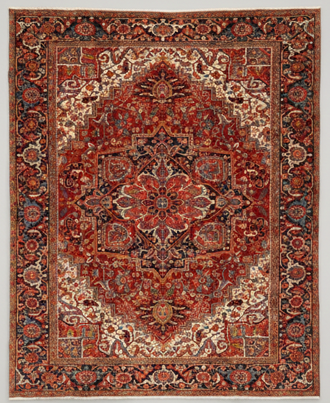 Decorative rug with intricate patterns in red, brown, and beige on a plain background