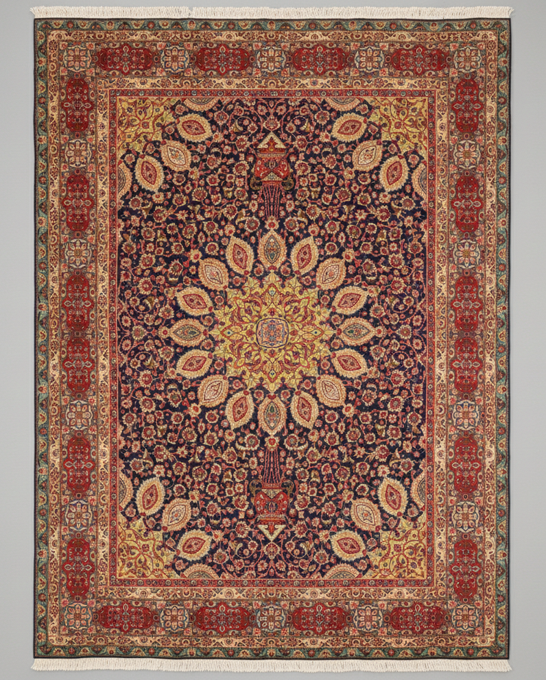 Decorative rug with intricate patterns on a plain background