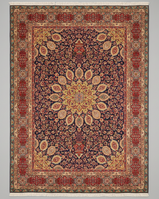 Decorative rug with intricate patterns on a plain background